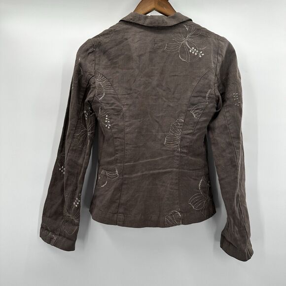 120% Lino Blazer Womens Medium 40 Brown Tan Embroidred Sport Jacket Linen - Picture 3 of 12